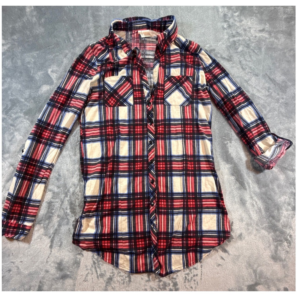 Passport Womens Red White Blue Plaid Button Down Roll Tab Sleeve Shirt Top Small